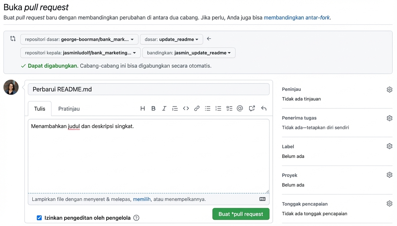 Tampilan untuk menambahkan detail pada pull request