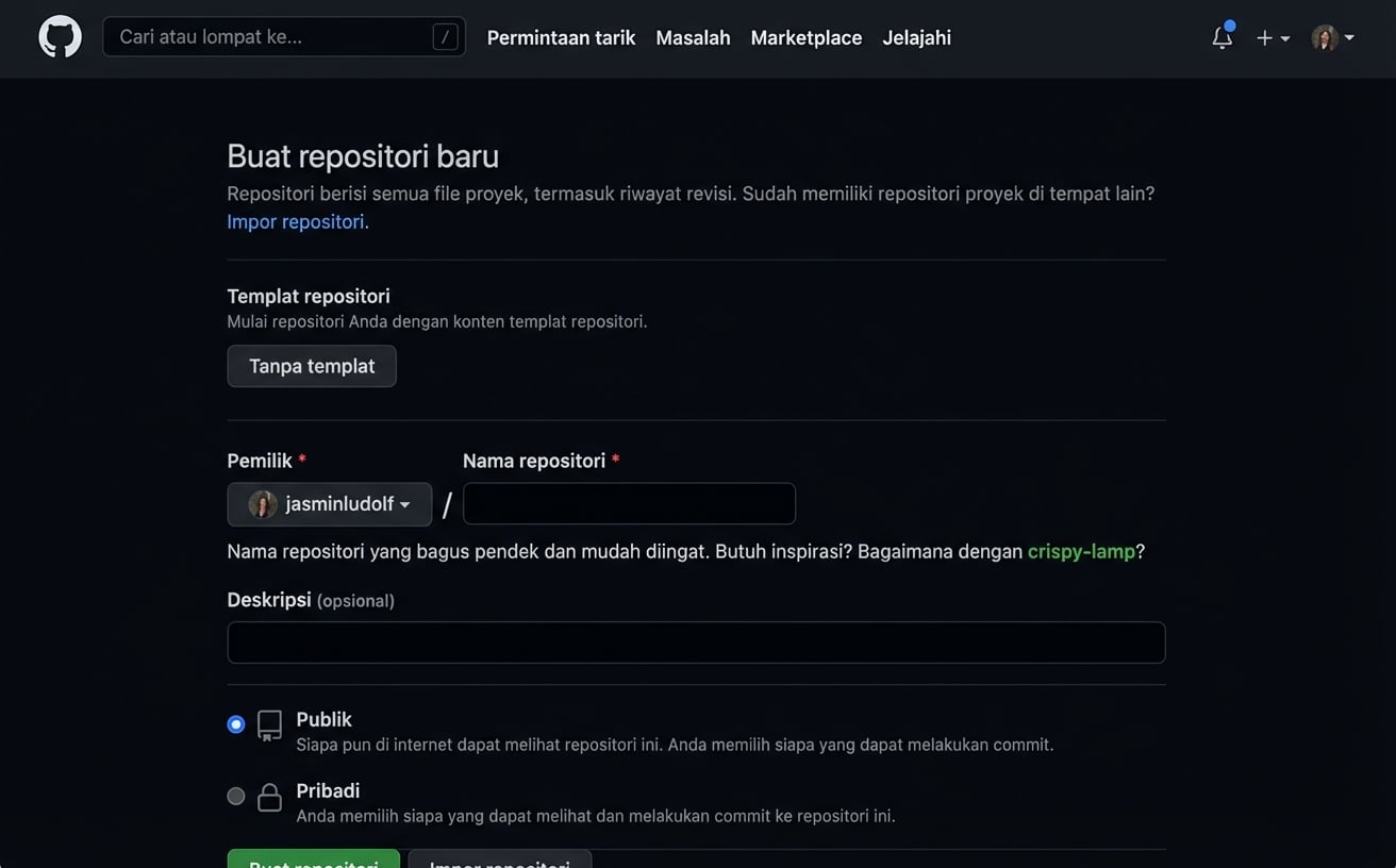 Tampilan animasi halaman membuat repositori baru dengan nama repo dan deskripsi diisi