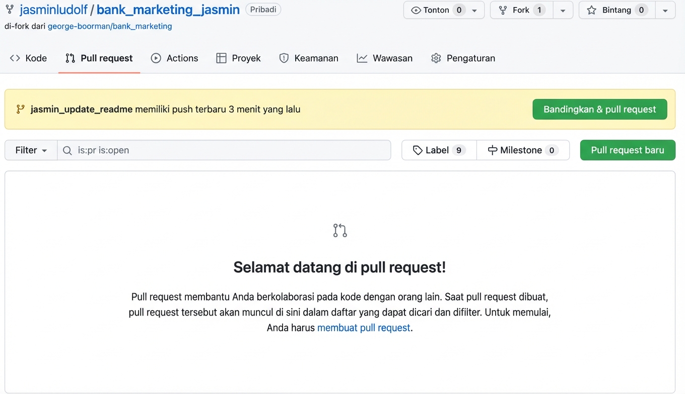 Tampilan tab Pull requests di repo fork