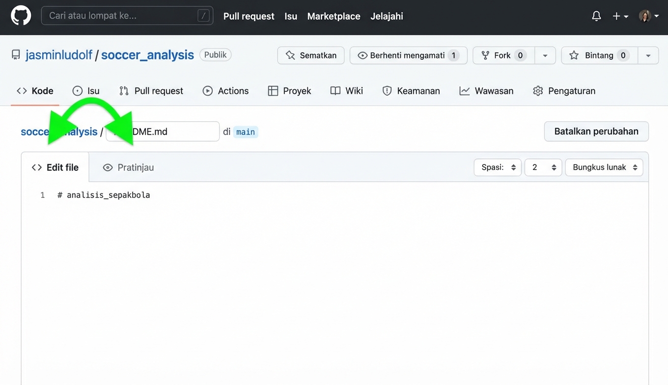 Tampilan file README menyorot tab edit dan pratinjau