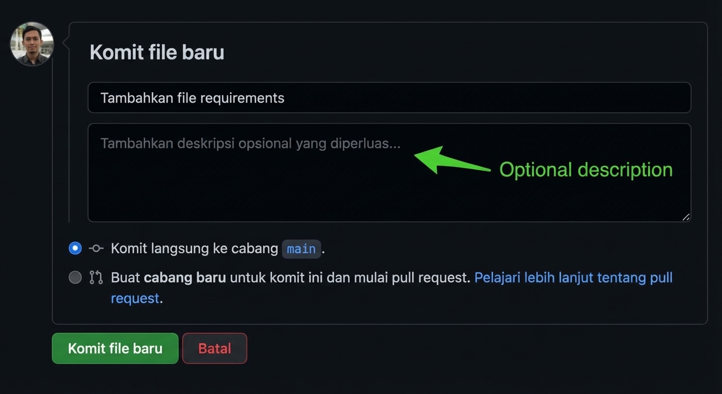 Kotak teks deskripsi lanjutan opsional dibiarkan kosong