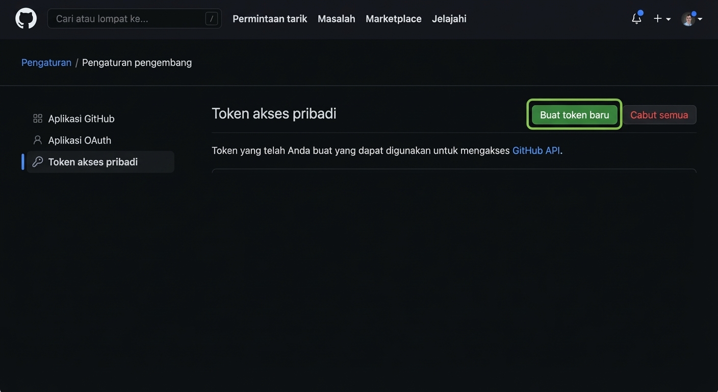 Bagian Personal access tokens, dengan tombol Generate new token
