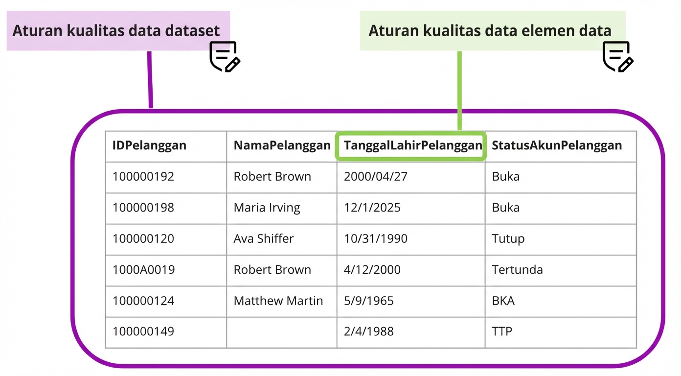tabel menggambarkan aturan kualitas data pada level dataset dan elemen data