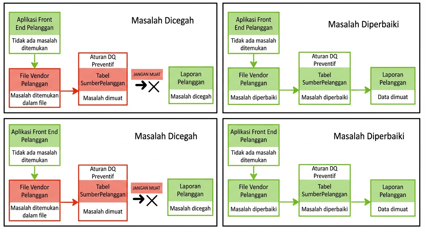diagram dengan dua contoh pipeline data: yang pertama masalahnya dicegah, yang kedua masalahnya diperbaiki