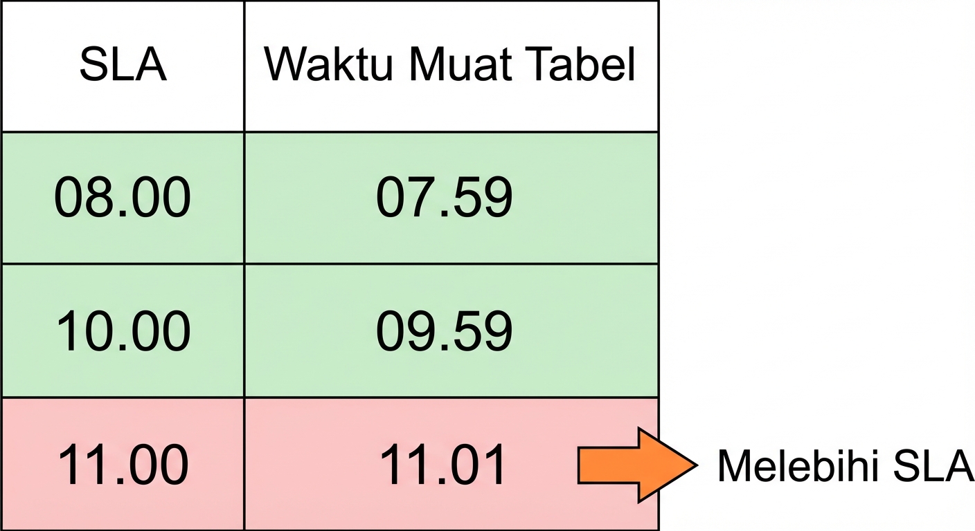 tabel dengan contoh ketepatan waktu yang mencantumkan SLA dan waktu muat tabel