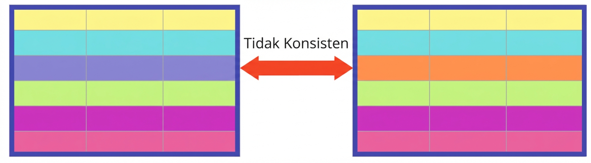 dua tabel dengan baris berwarna sama kecuali satu baris yang menunjukkan ketidakkonsistenan antar tabel