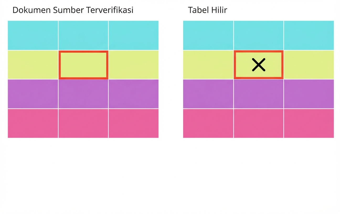 dua tabel melambangkan sumber terverifikasi dan tabel hilir dengan satu nilai salah