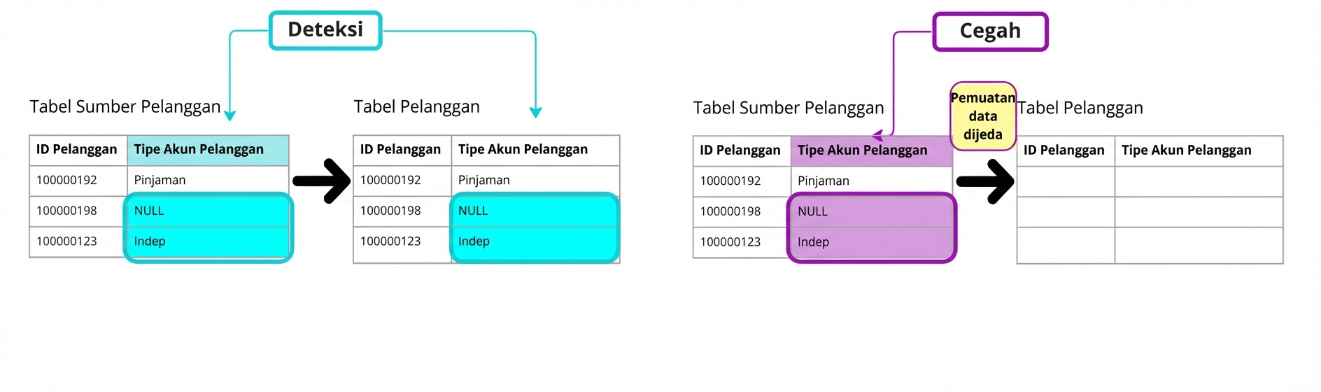 diagram yang menggambarkan perbedaan antara aturan kualitas data detektif dan preventif