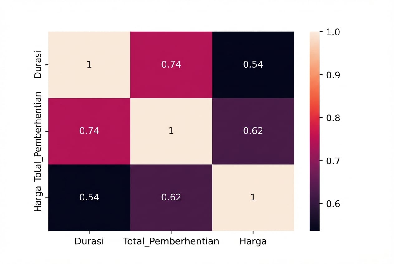 Heatmap yang menunjukkan korelasi Pearson 0,62 antara Price dan Total Stops serta 0,74 antara Duration dan Total Stops