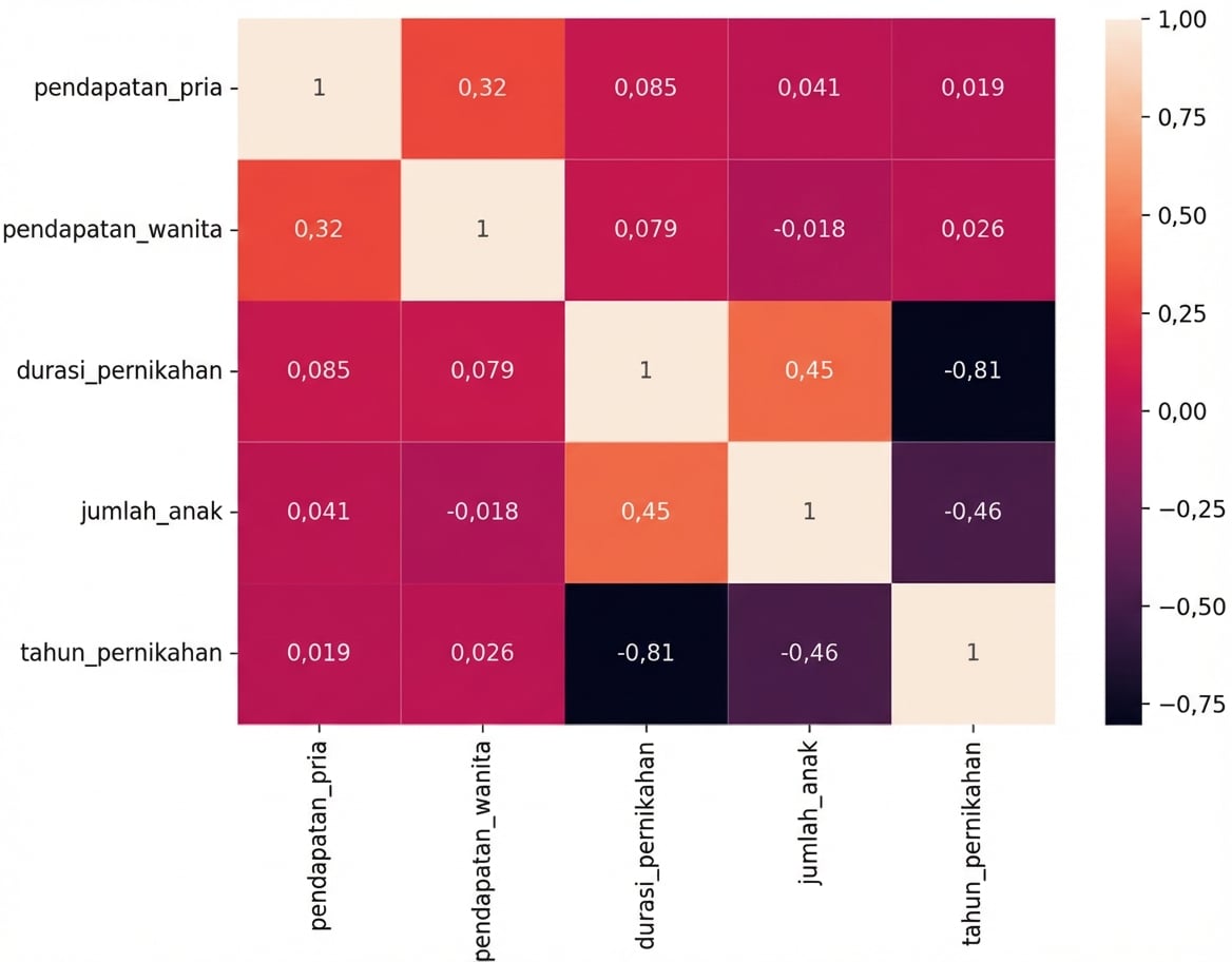 Heatmap korelasi pada data perceraian