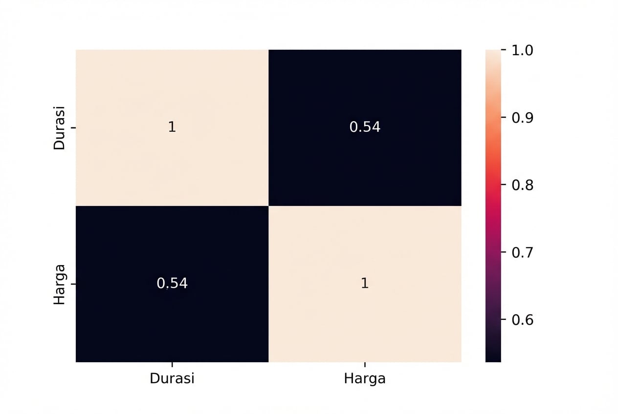 Heatmap yang menunjukkan koefisien korelasi Pearson 0,54 antara Price dan Duration