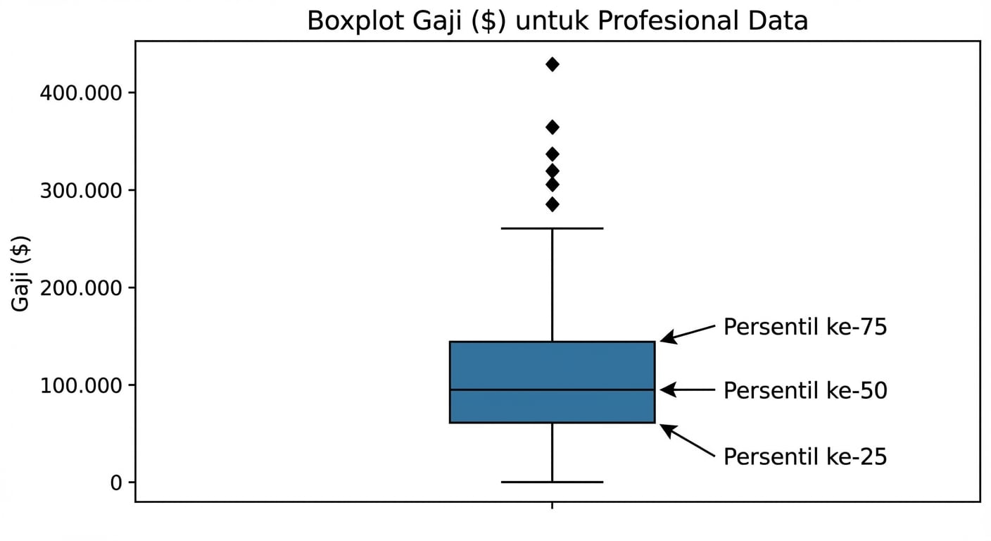 Box plot gaji profesional data: persentil 25 di bawah kotak, persentil 50 garis tengah, persentil 75 di atas kotak