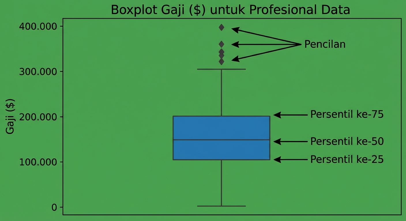 Box plot gaji untuk profesional data, menampilkan persentil ke-25 di bagian bawah kotak, persentil ke-50 sebagai garis tengah, persentil ke-75 di bagian atas kotak, dan outlier sebagai bentuk wajik di luar kotak