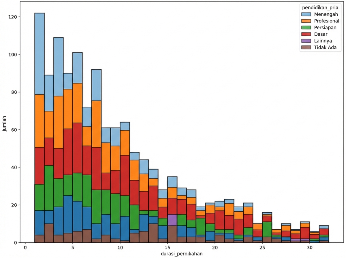 Histogram durasi pernikahan berwarna berdasarkan education_man