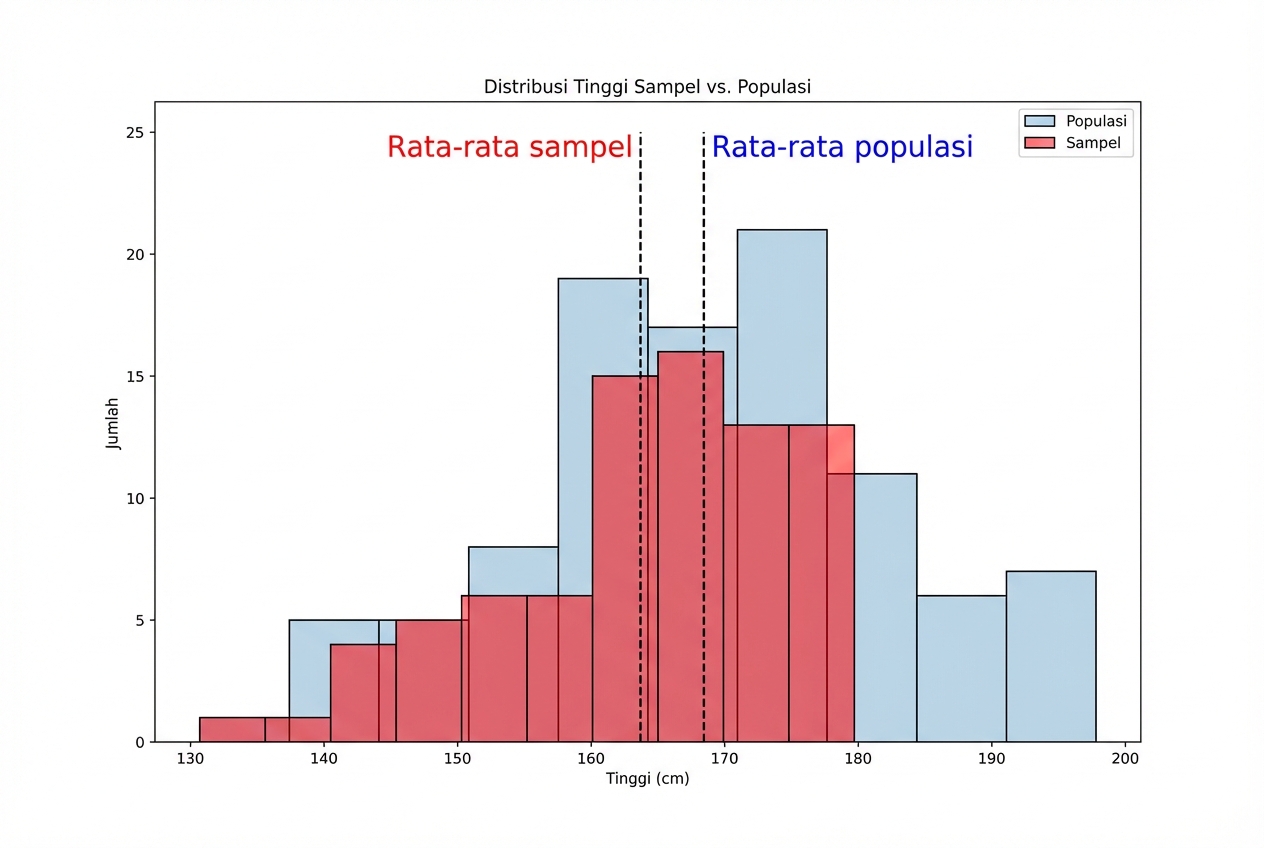 Distribusi tinggi: sampel vs populasi; sampel punya maksimum dan mean lebih rendah
