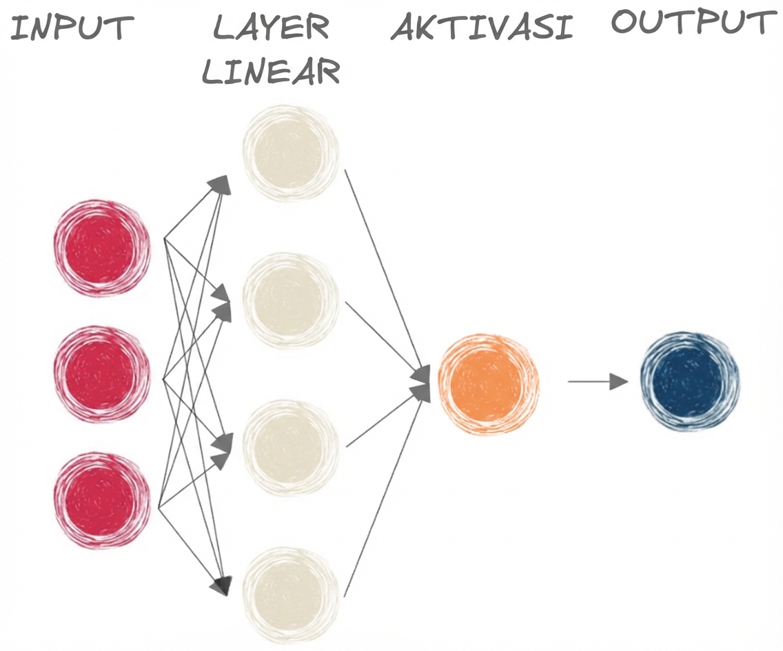 Diagram jaringan saraf dengan layer linear dan fungsi aktivasi