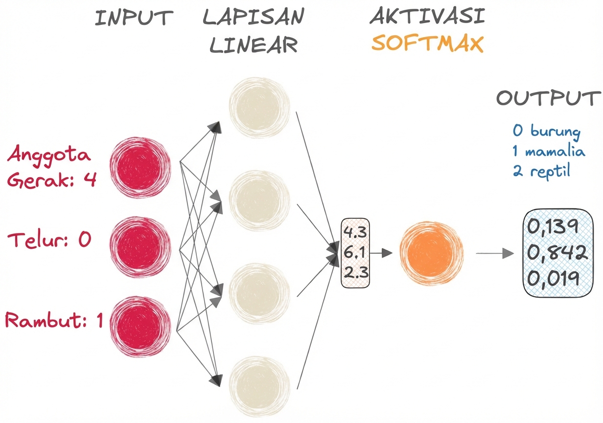 Diagram sebagian jaringan saraf dengan masukan, vektor sebagai keluaran ke layer linear, fungsi aktivasi softmax, dan keluaran