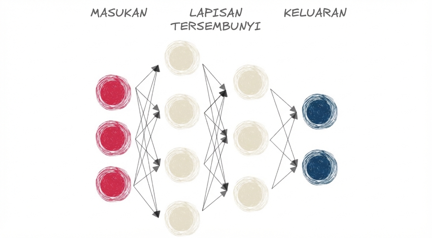 Diagram jaringan saraf dengan input, lapisan tersembunyi, dan output