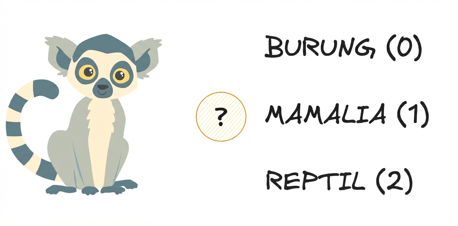 Seekor lemur dengan tiga opsi: bird, mamalia, atau reptil