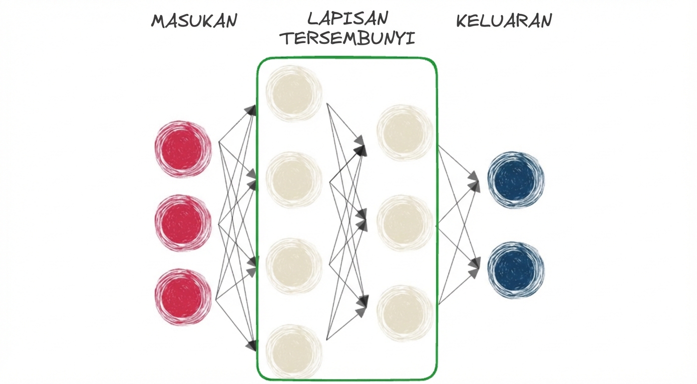 Diagram jaringan saraf dengan input, lapisan tersembunyi, dan output