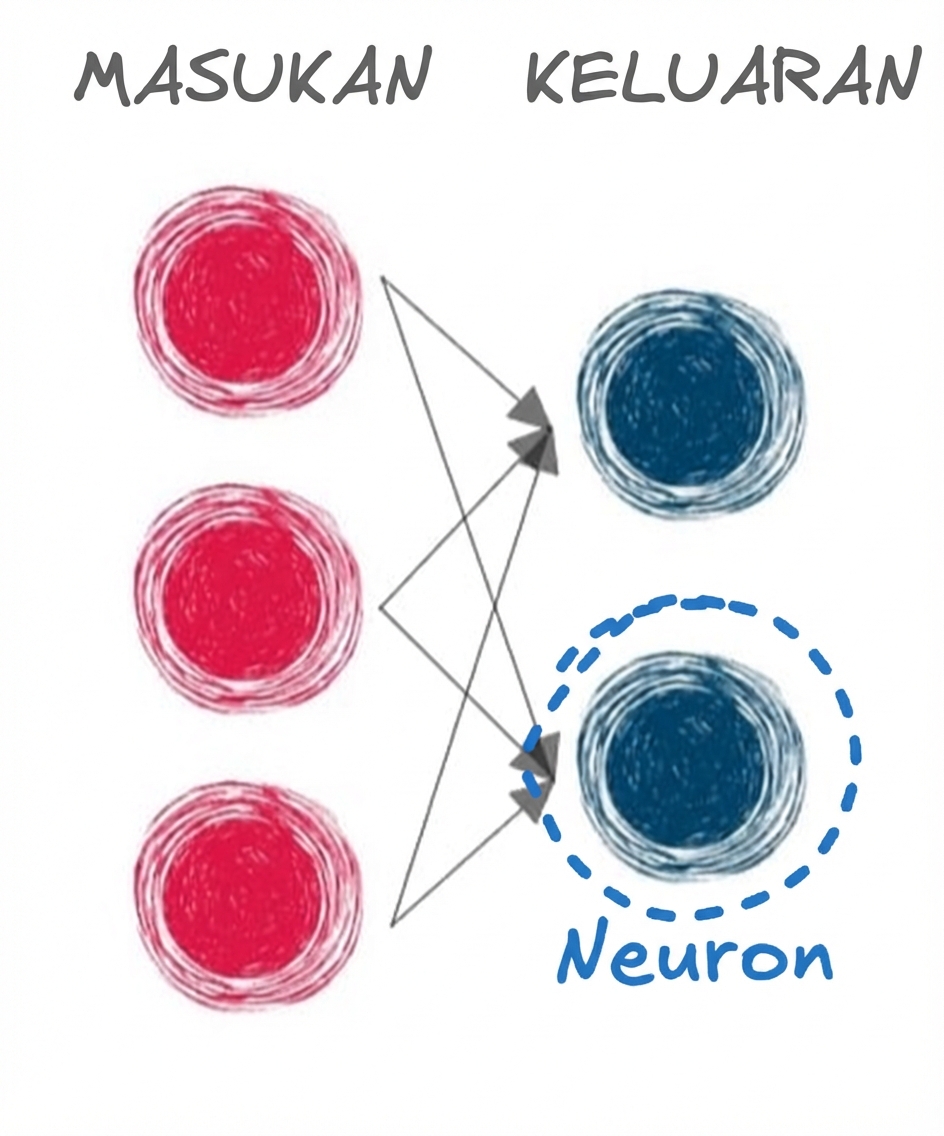 Ilustrasi lapisan input dan output dengan panah yang menghubungkan lapisan dan lingkaran pada satu neuron output