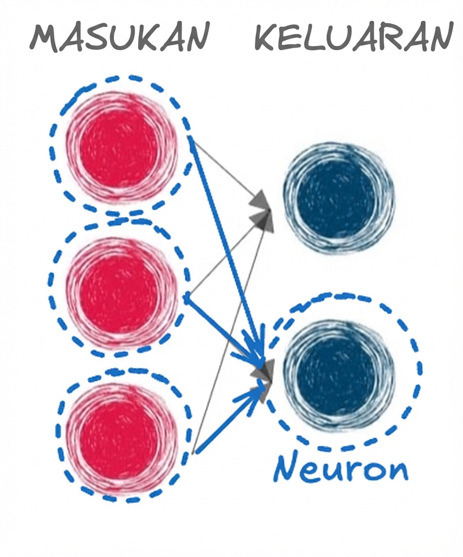 Ilustrasi lapisan input dan output dengan panah yang menghubungkan lapisan, satu neuron output dilingkari dan panah disorot