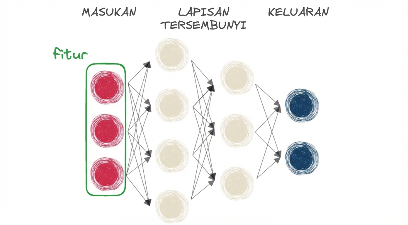 Diagram jaringan saraf dengan input, lapisan tersembunyi, dan output