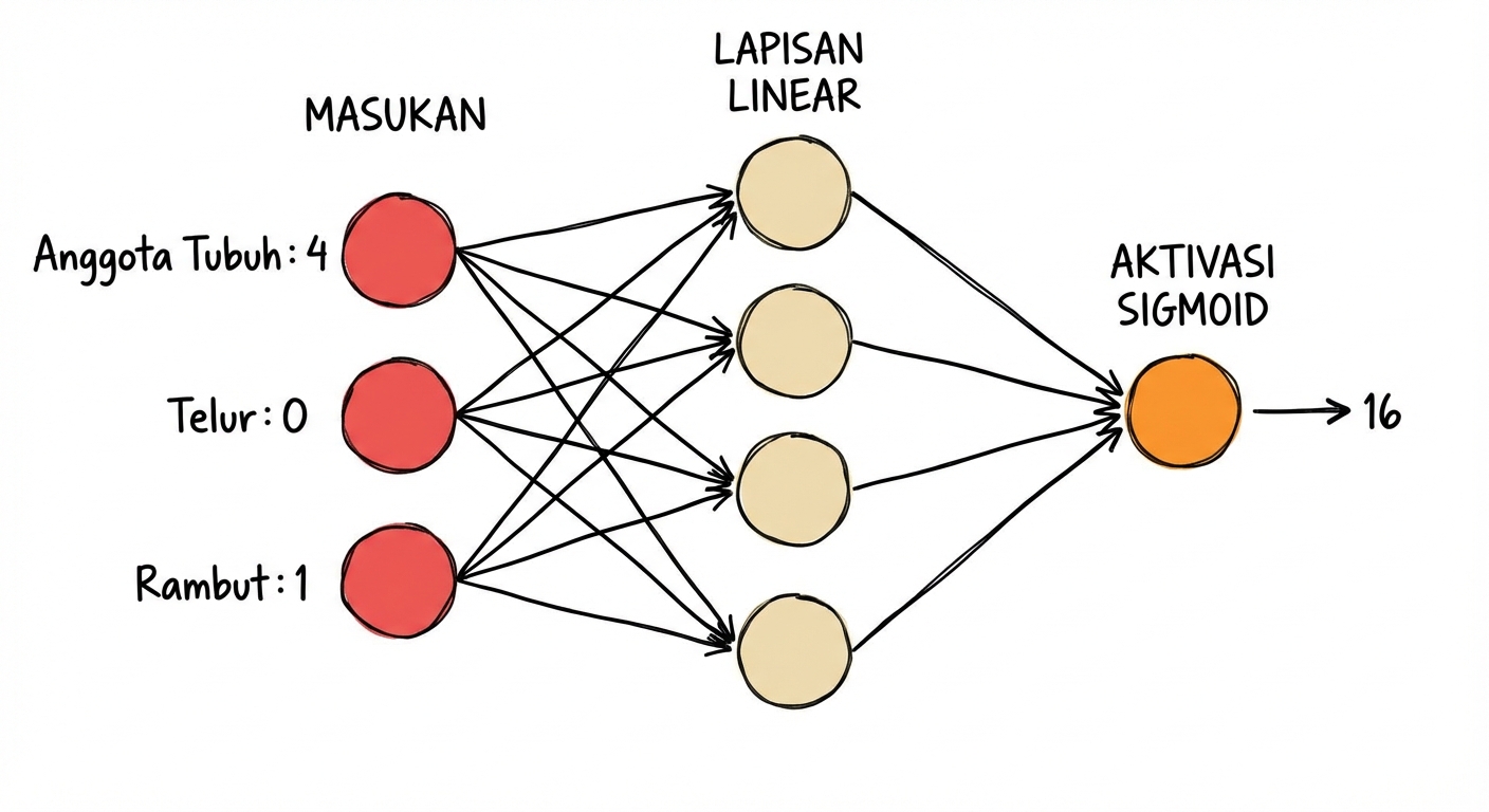 Diagram sebagian jaringan saraf dengan masukan, angka 6 sebagai keluaran ke layer linear, dan fungsi aktivasi sigmoid