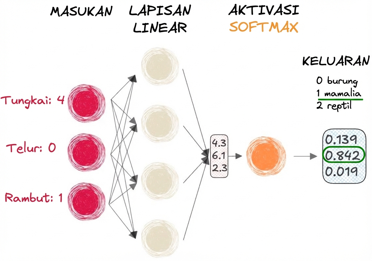 Diagram sebagian jaringan saraf dengan masukan, vektor sebagai keluaran ke layer linear, fungsi aktivasi softmax, dan keluaran