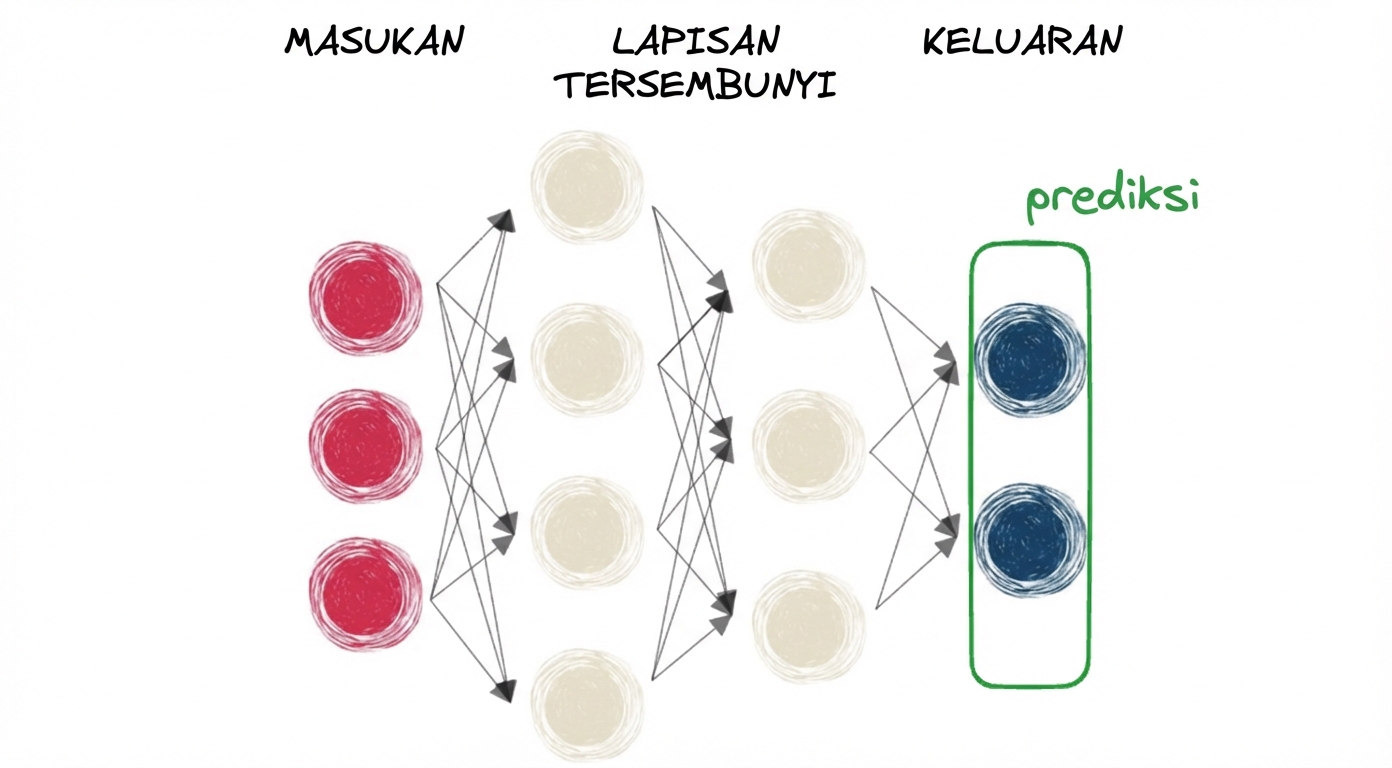 Diagram jaringan saraf dengan input, lapisan tersembunyi, dan output
