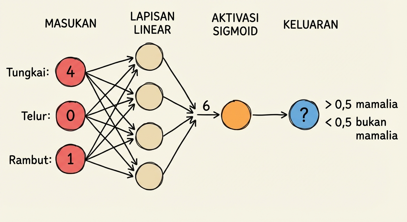Diagram sebagian jaringan saraf dengan masukan, angka 6 sebagai keluaran ke layer linear, fungsi aktivasi sigmoid, dan keluaran