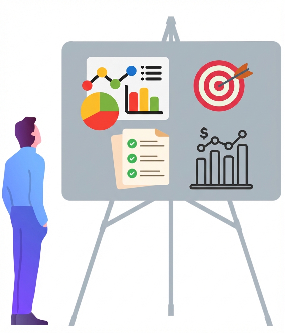 Orang melihat papan tulis berisi grafik dan tujuan.