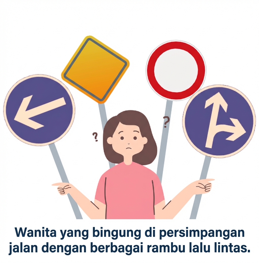 Perempuan mengambil keputusan saat melihat berbagai jalur.