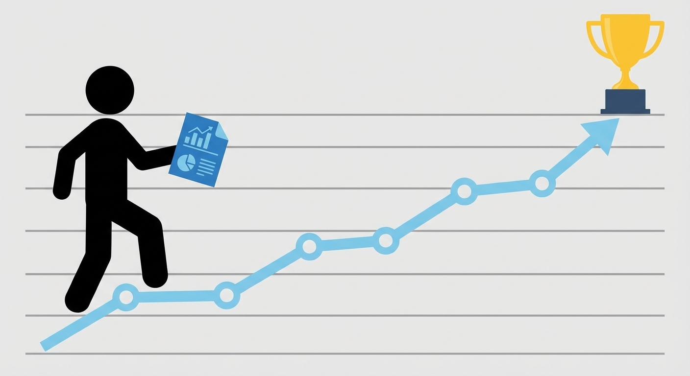 Grafik garis tren naik, seseorang memegang kertas analitik berjalan naik di garis dengan piala di puncak.
