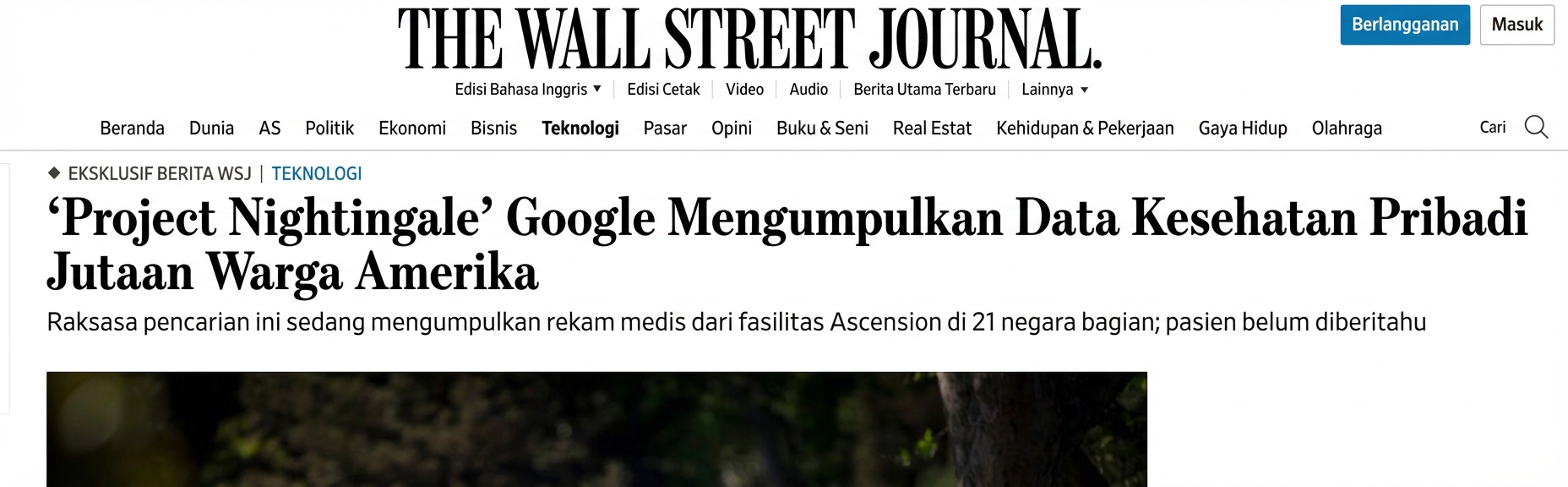 Tangkapan layar liputan WSJ tentang Project Nightingale Google