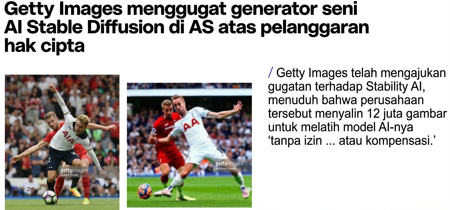 Sebuah ilustrasi dari gugatan Getty Images, menampilkan foto asli dan gambar serupa (lengkap dengan watermark Getty Images) yang dibuat oleh Stable Diffusion. Gambar: Getty Images