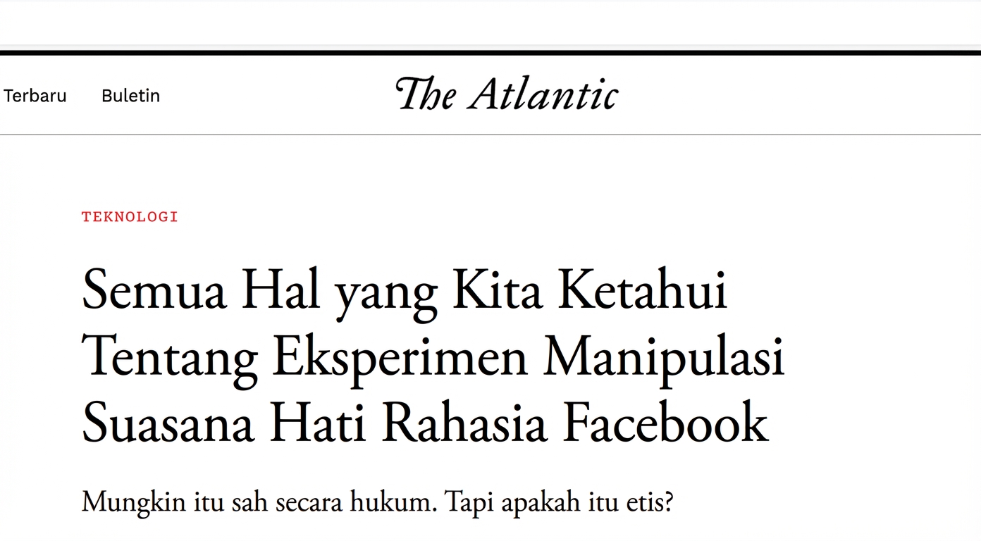 Tangkapan layar artikel The Atlantic tentang eksperimen sosial manipulatif Facebook.