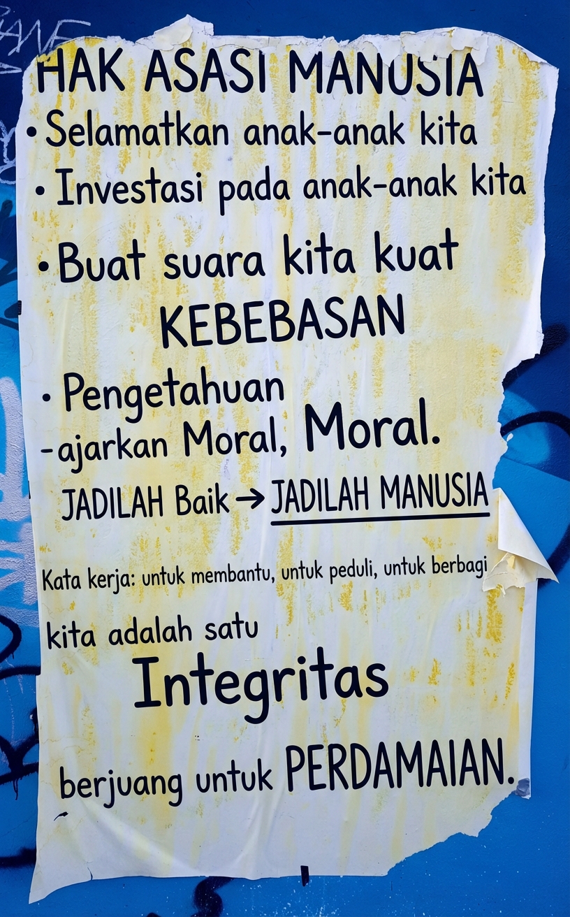 Foto poster robek di dinding dengan deklarasi etis.