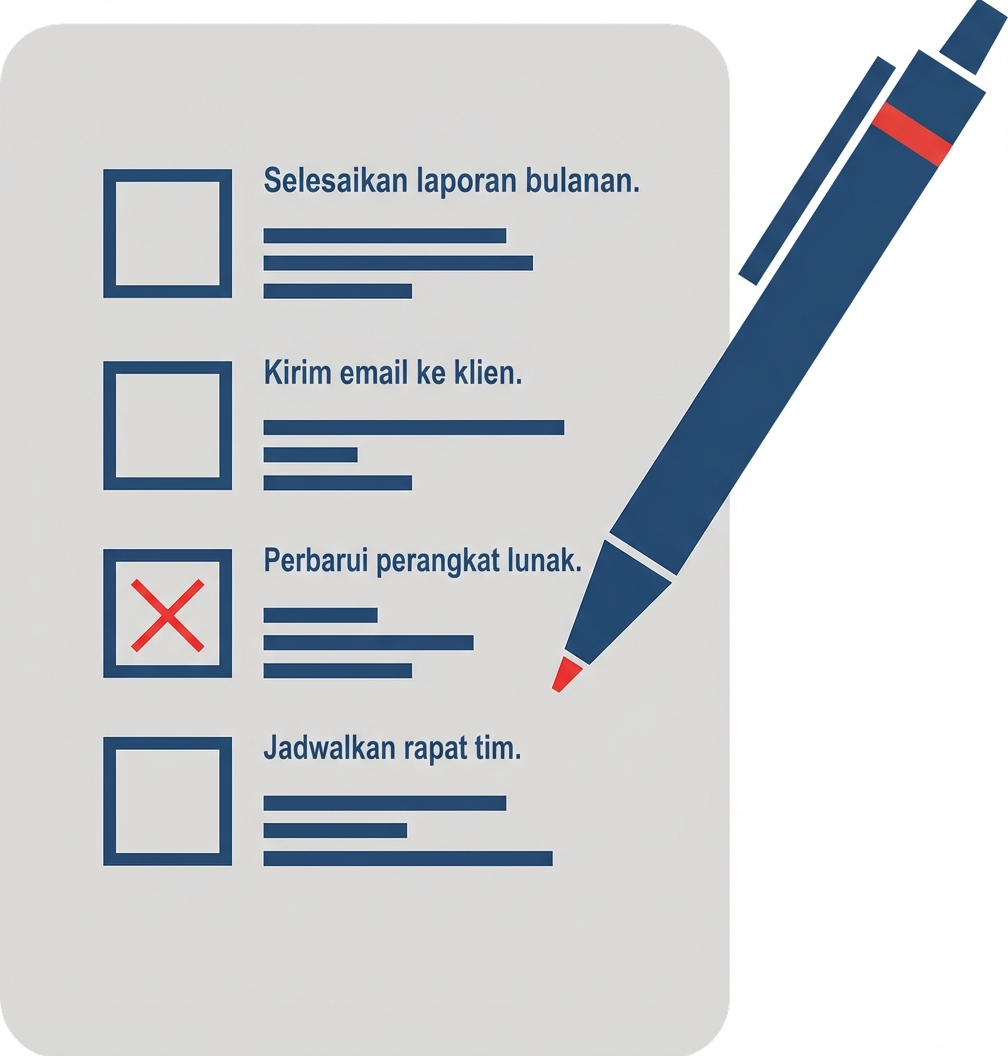 Ilustrasi formulir persetujuan dengan pena yang mencentang kotak tinta merah.