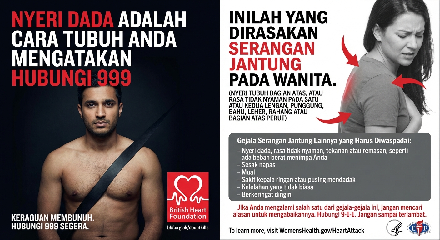 Ilustrasi perbedaan gejala serangan jantung: pria sesak dada, wanita nyeri punggung.