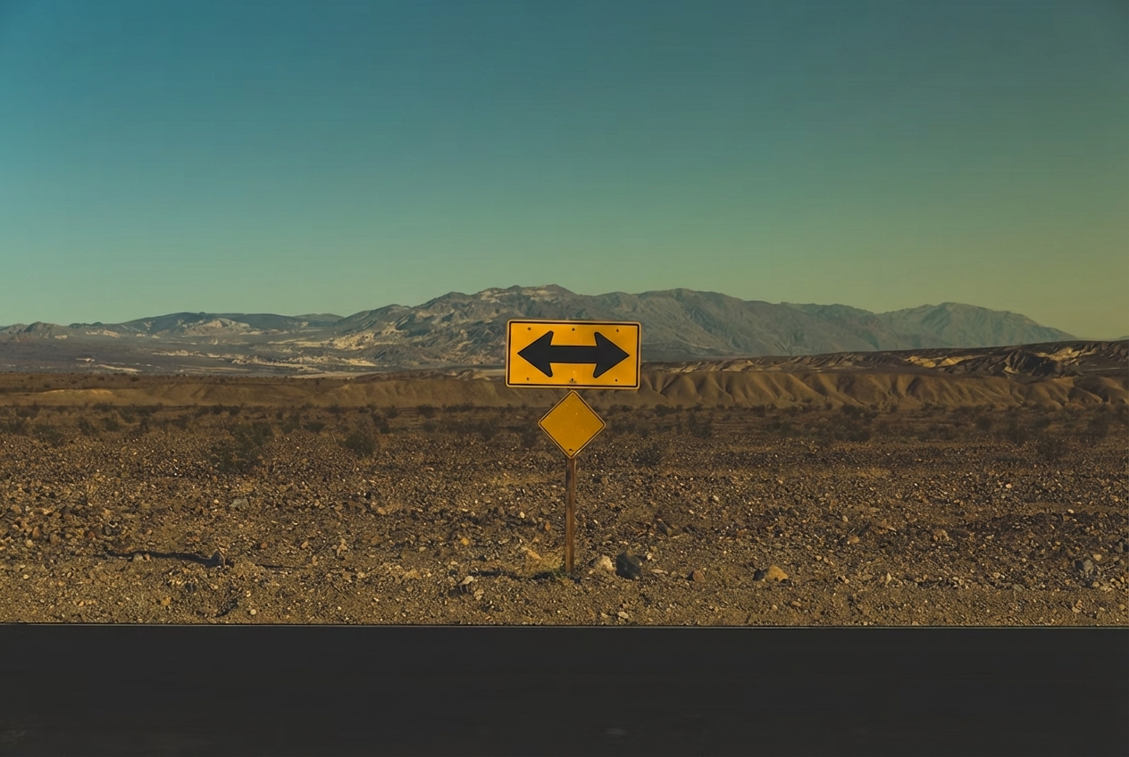 Gambar rambu jalan menunjuk arah berlawanan dengan latar pegunungan.