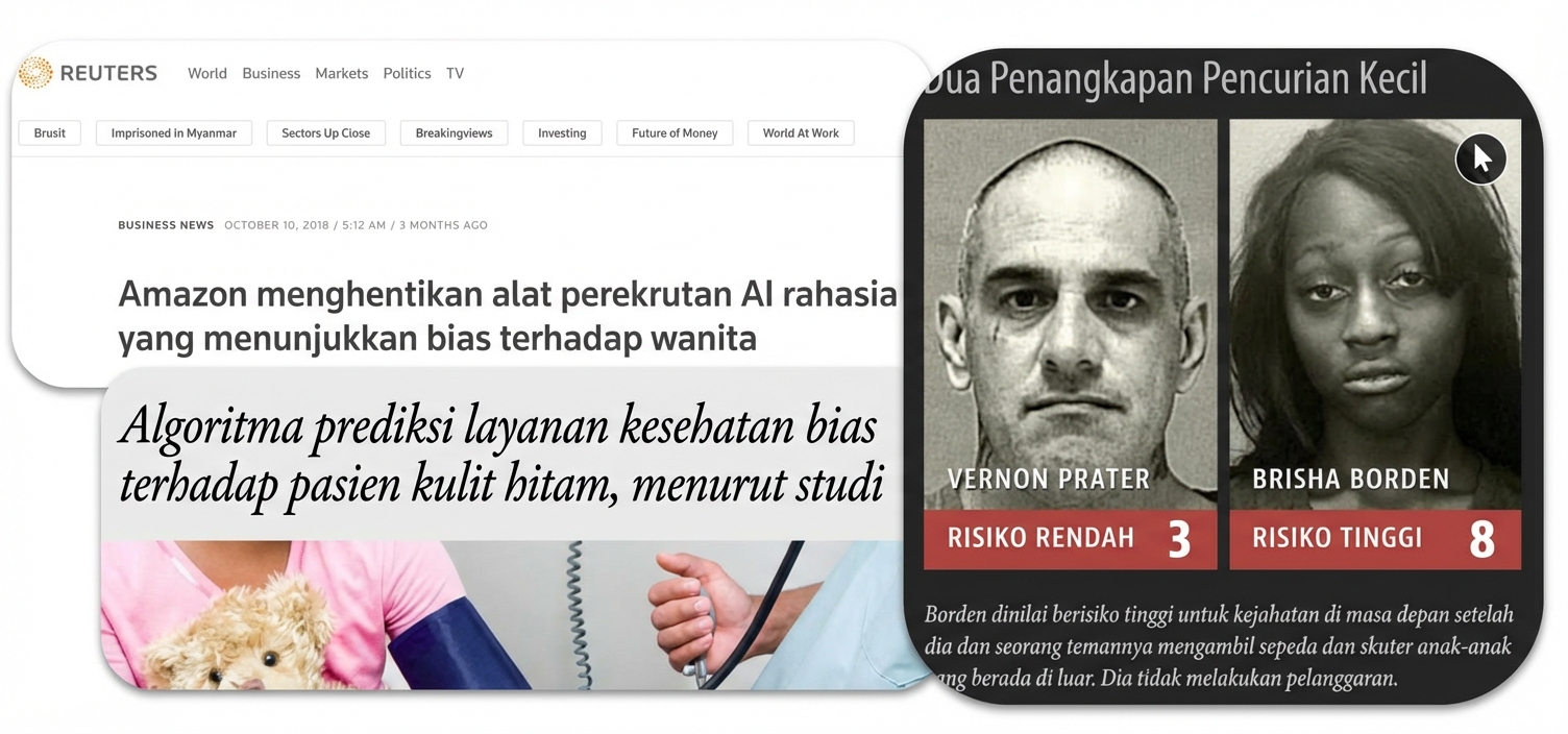 Kolase tangkapan berita tentang diskriminasi oleh algoritme AI
