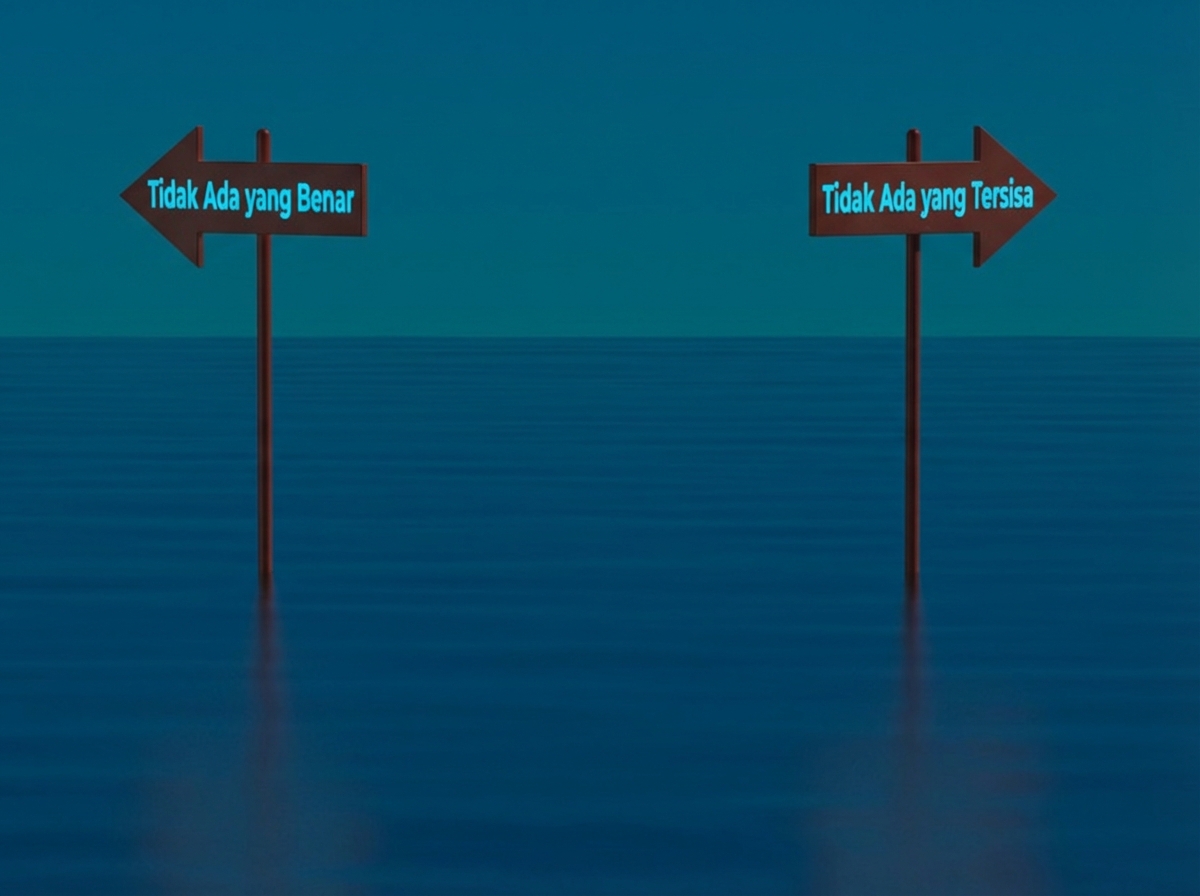 Ilustrasi dua papan petunjuk berlawanan di lautan yang menggambarkan kompleksitas pengambilan keputusan etis, tanpa atribusi diperlukan.