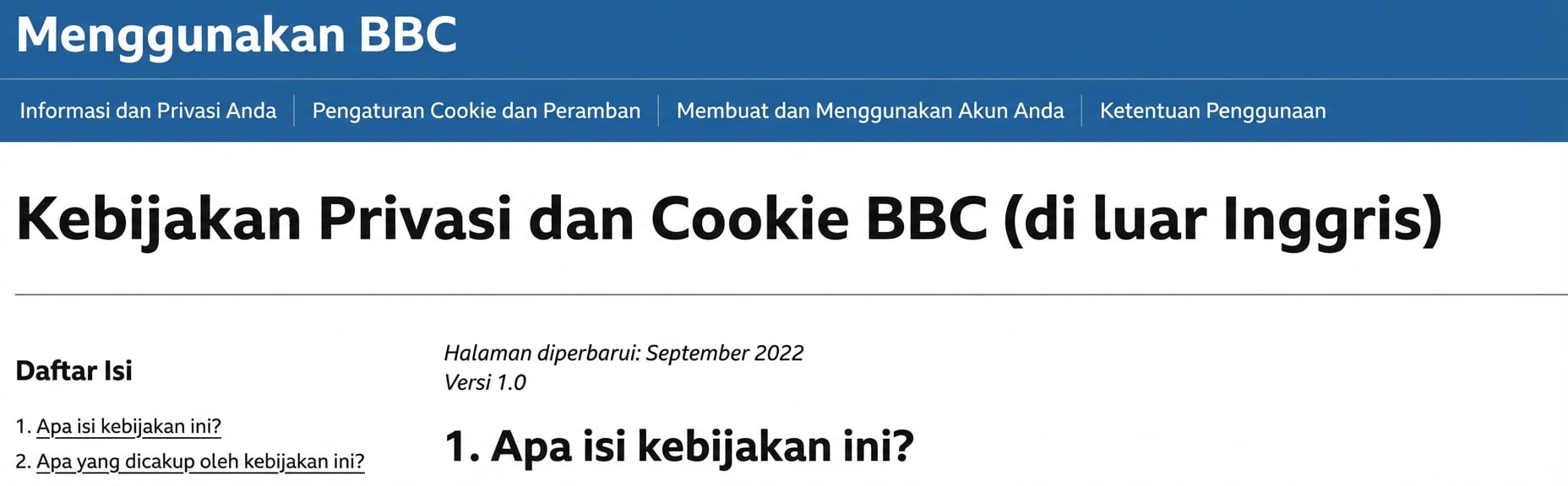 Tangkapan layar kebijakan privasi BBC.