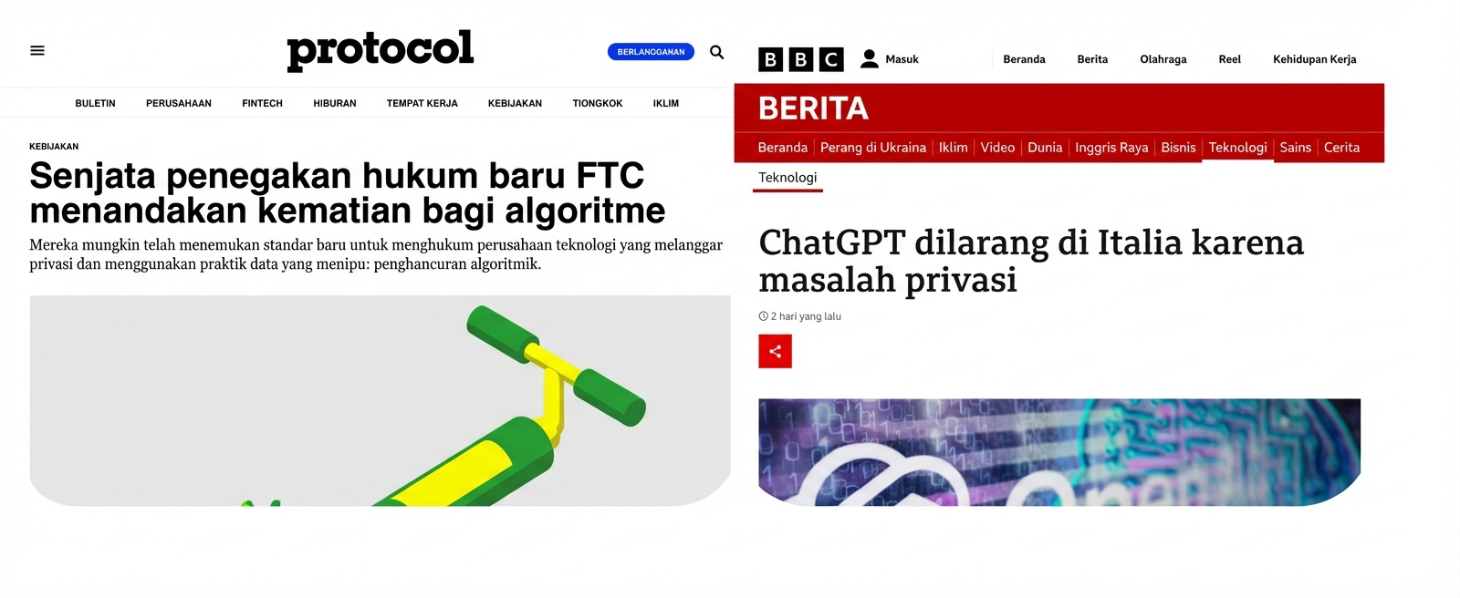 Tangkapan layar berita yang menunjukkan FTC AS dan otoritas Italia menghukum perusahaan atas praktik data yang lemah.