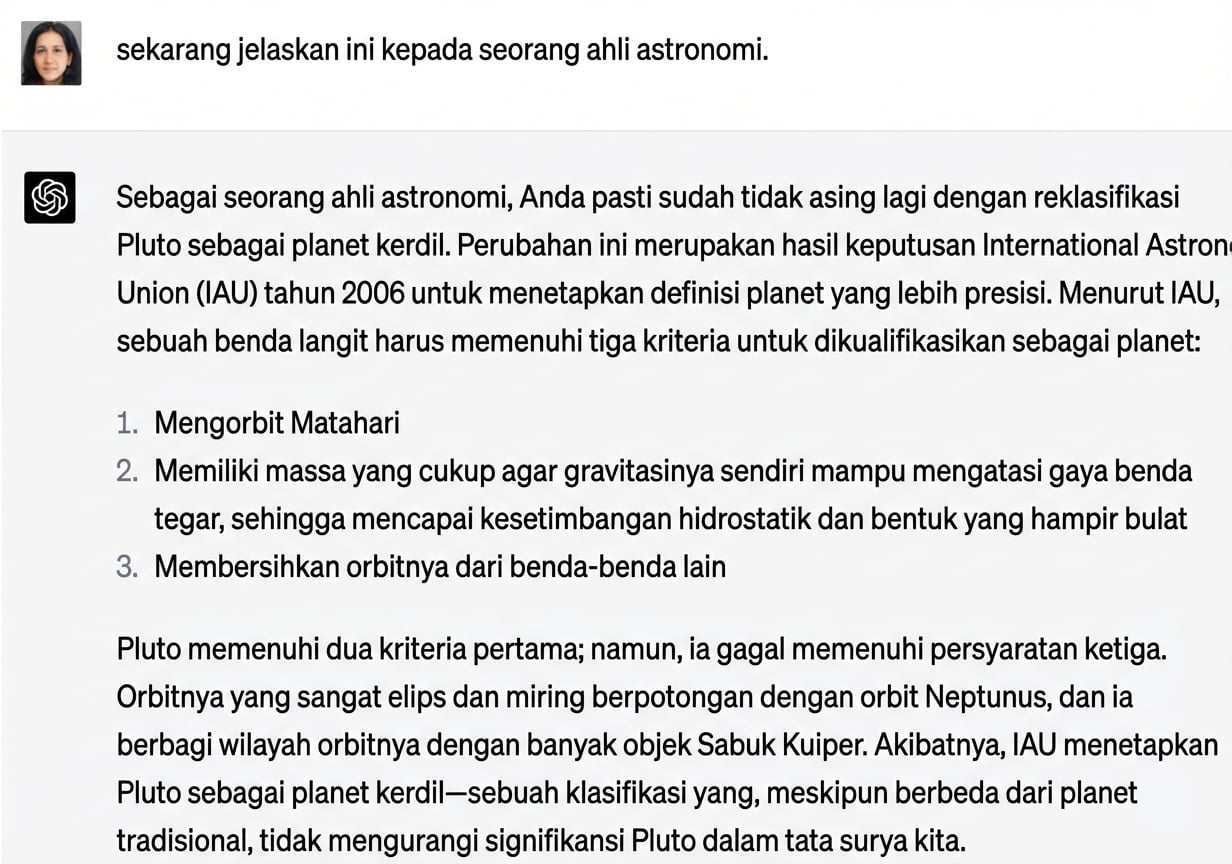 Cuplikan chat yang menjelaskan mengapa Pluto bukan bagian dari tata surya untuk pakar astronomi.
