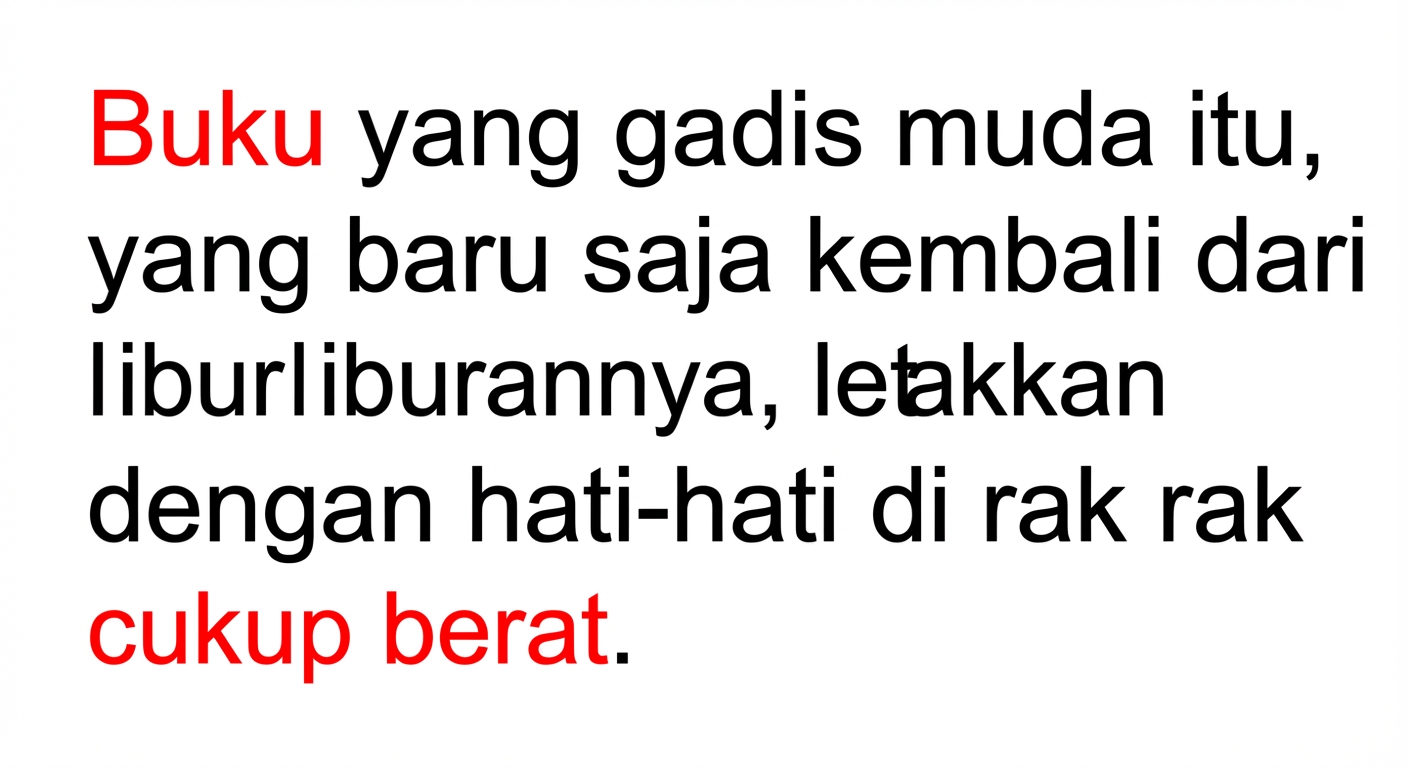 Contoh ketergantungan jarak jauh: "The book that the young girl, who had just returned from her vacation, carefully placed on the shelf was quite heavy."
