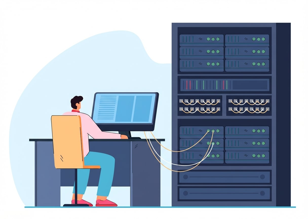 Pria bekerja di komputer tersambung ke server besar