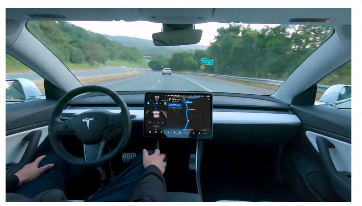 Gambar yang menunjukkan mobil swakemudi Tesla.