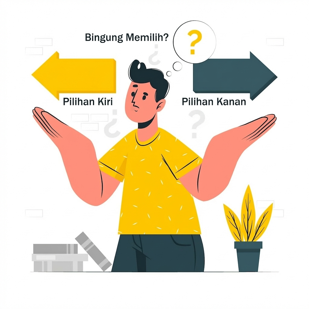 Ilustrasi seseorang dengan dua panah berlawanan arah dan tanda tanya di atas kepala.